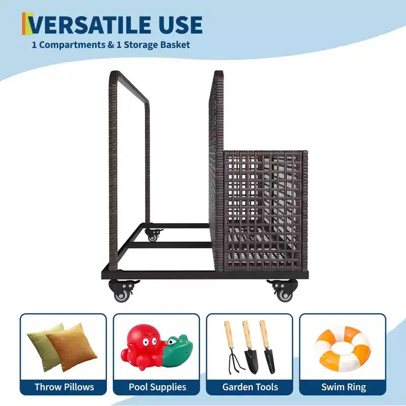 Organisateur de rangement de flotteurs de piscine avec roues, Panier de rangement de jouets et de caddy de piscine en rotin PE tressé résistant aux intempéries pour piscine, terrasse et patio