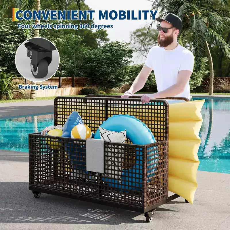 Organisateur de rangement de flotteurs de piscine avec roues, Panier de rangement de jouets et de caddy de piscine en rotin PE tressé résistant aux intempéries pour piscine, terrasse et patio