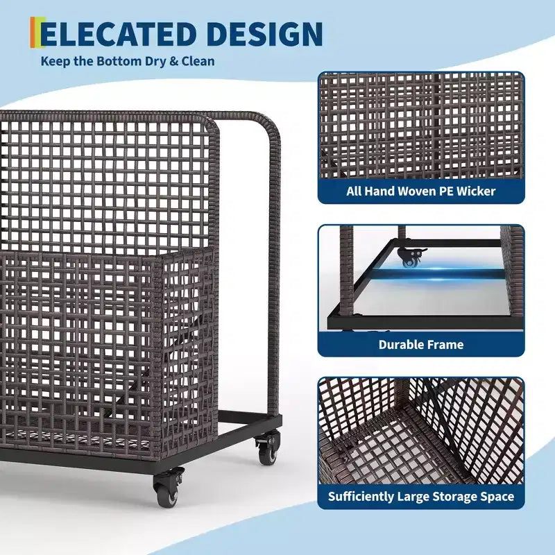 Organisateur de rangement de flotteurs de piscine avec roues, Panier de rangement de jouets et de caddy de piscine en rotin PE tressé résistant aux intempéries pour piscine, terrasse et patio