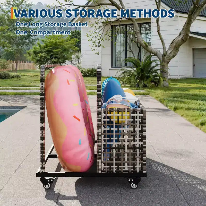 Organisateur de rangement de flotteurs de piscine avec roues, Panier de rangement de jouets et de caddy de piscine en rotin PE tressé résistant aux intempéries pour piscine, terrasse et patio
