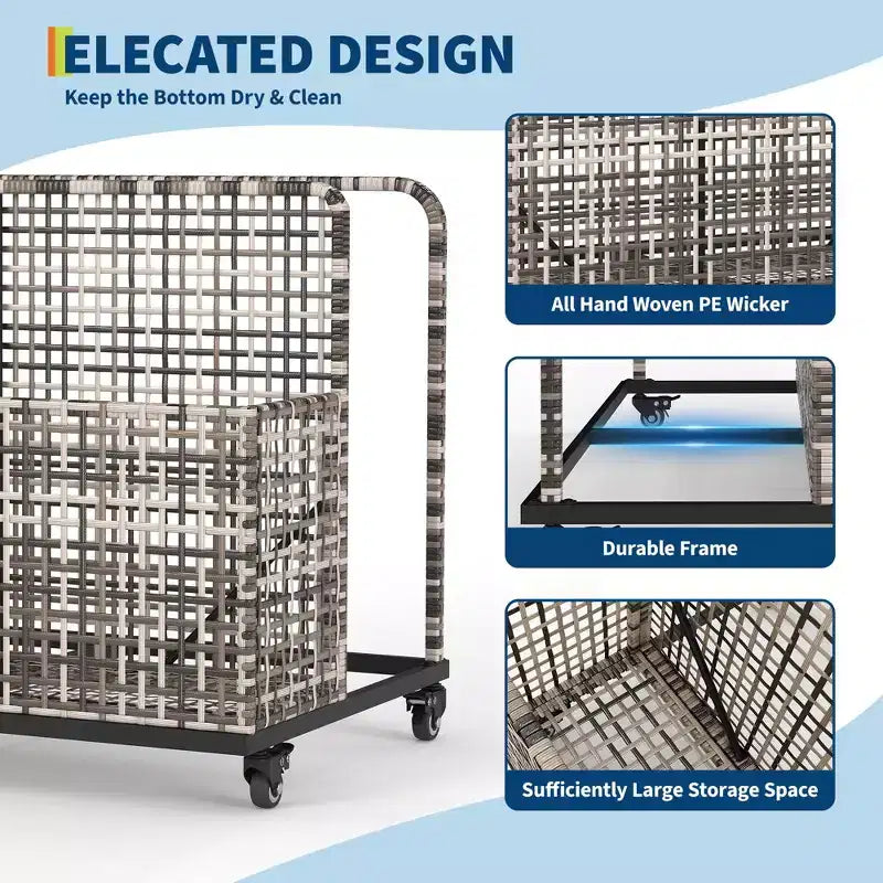 Organisateur de rangement de flotteurs de piscine avec roues, Panier de rangement de jouets et de caddy de piscine en rotin PE tressé résistant aux intempéries pour piscine, terrasse et patio