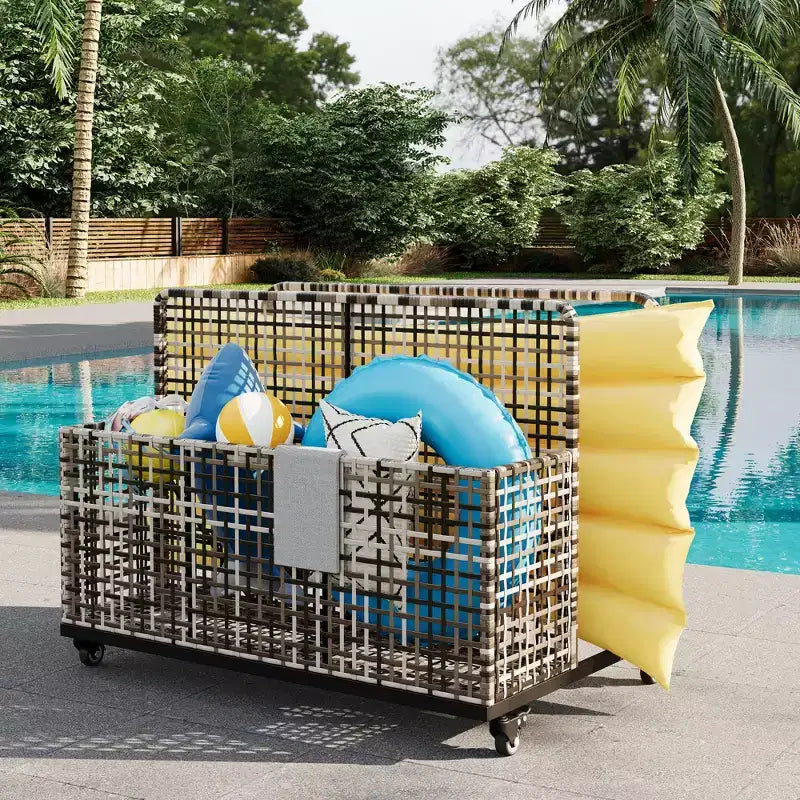 Organisateur de rangement de flotteurs de piscine avec roues, Panier de rangement de jouets et de caddy de piscine en rotin PE tressé résistant aux intempéries pour piscine, terrasse et patio