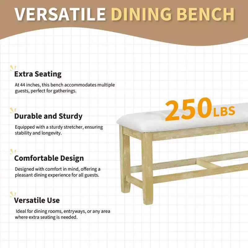 GDFStudio Zayd 6 Piece Dining Set with Extendable Pedestal Table, Ladder Back Chairs and Bench