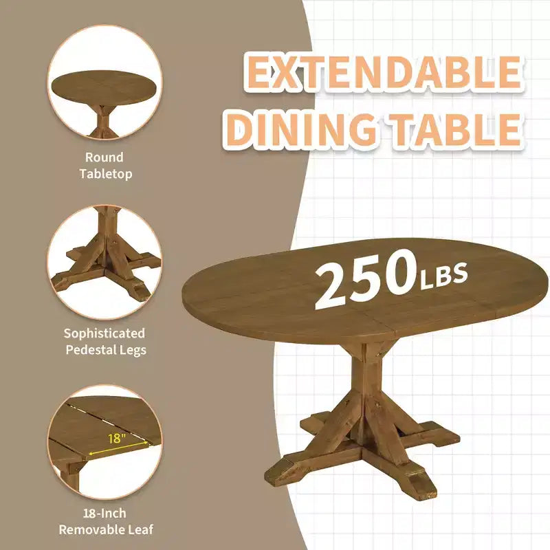 GDFStudio Zayd 6 Piece Dining Set with Extendable Pedestal Table, Ladder Back Chairs and Bench