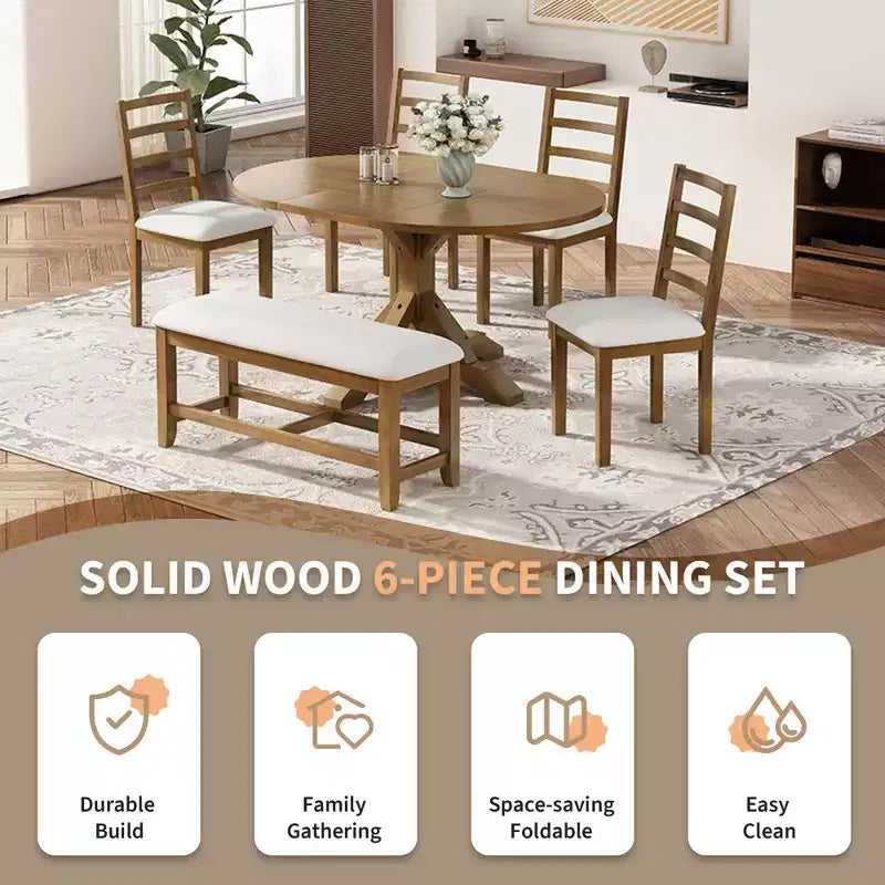 GDFStudio Zayd 6 Piece Dining Set with Extendable Pedestal Table, Ladder Back Chairs and Bench