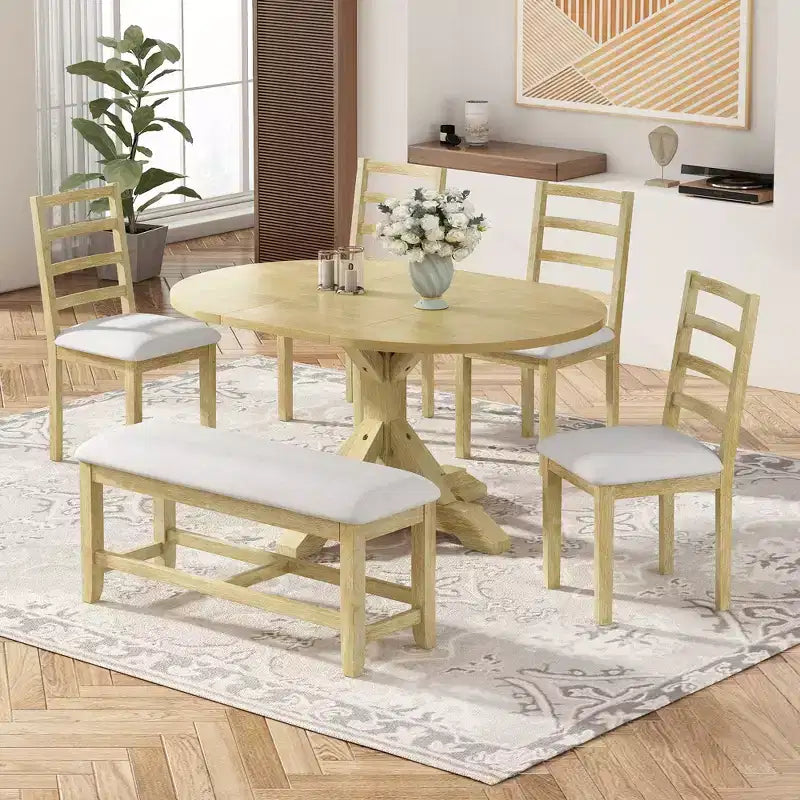 GDFStudio Zayd 6 Piece Dining Set with Extendable Pedestal Table, Ladder Back Chairs and Bench