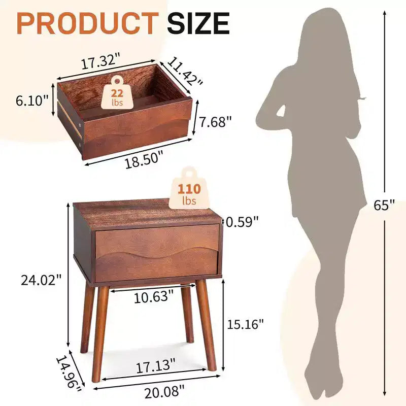 Karl Home Marron P2 MDF Table de Chevet Pieds Hauts Sans Poignée 1 Tiroir 51 cm