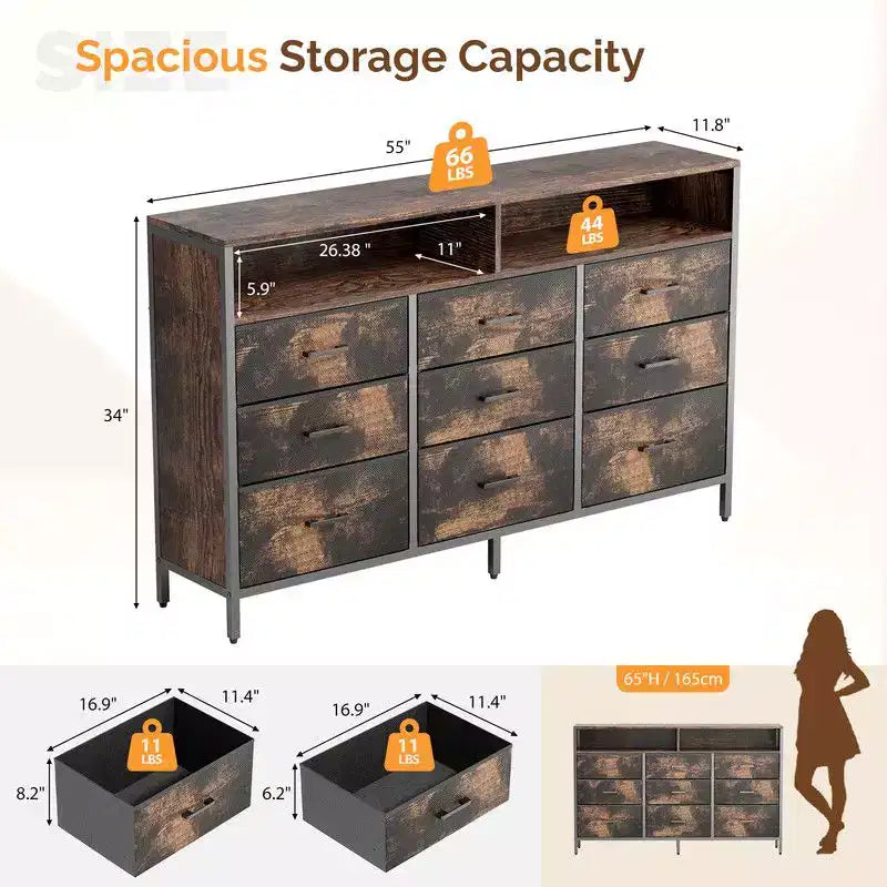 Meuble de rangement moderne Karl Home à 9 tiroirs, 55 pouces, intissé, avec cadre en acier