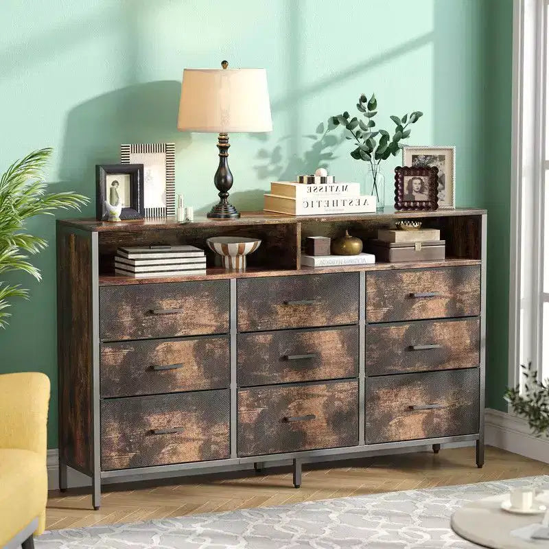 Meuble de rangement moderne Karl Home à 9 tiroirs, 55 pouces, intissé, avec cadre en acier