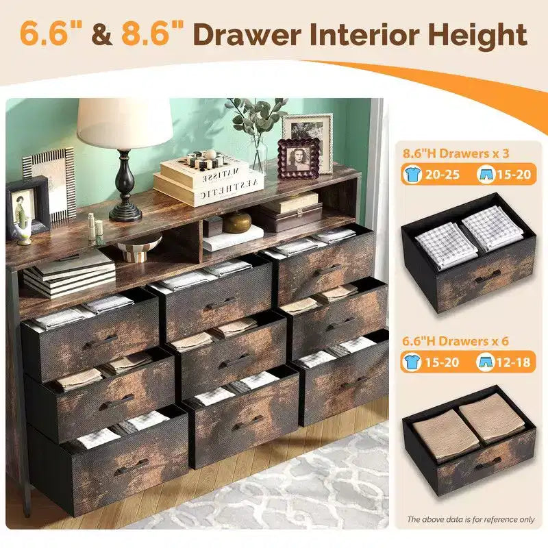 Meuble de rangement moderne Karl Home à 9 tiroirs, 55 pouces, intissé, avec cadre en acier