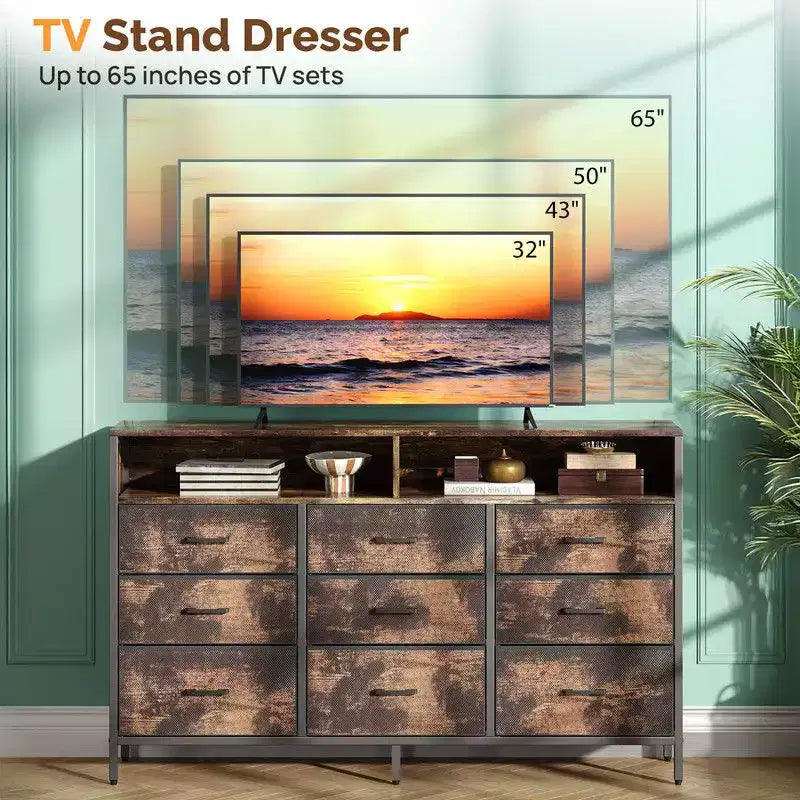 Meuble de rangement moderne Karl Home à 9 tiroirs, 55 pouces, intissé, avec cadre en acier