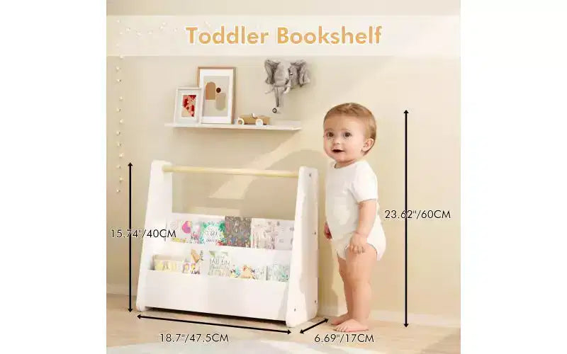 Étagère à livres frontale pour enfants avec poignée en bois, bibliothèque portable à 2 niveaux pour tout-petits, organisateur de rangement de livres pour chambre ou salle de jeux.