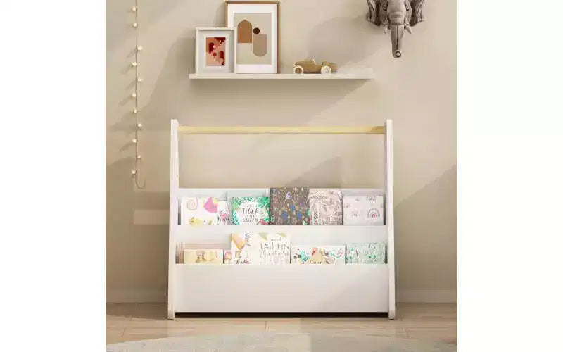 Étagère à livres frontale pour enfants avec poignée en bois, bibliothèque portable à 2 niveaux pour tout-petits, organisateur de rangement de livres pour chambre ou salle de jeux.