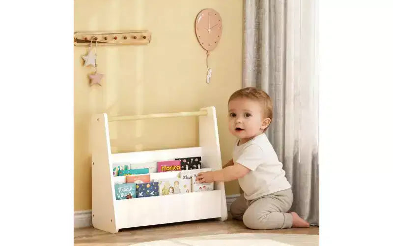 Étagère à livres frontale pour enfants avec poignée en bois, bibliothèque portable à 2 niveaux pour tout-petits, organisateur de rangement de livres pour chambre ou salle de jeux.