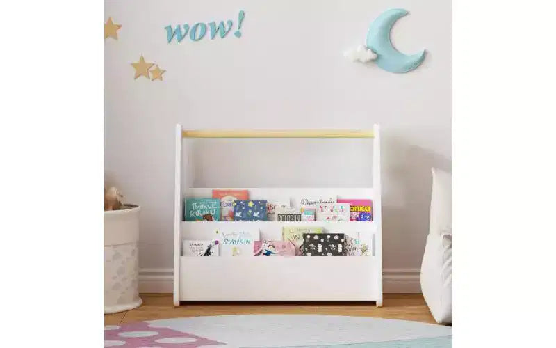 Étagère à livres frontale pour enfants avec poignée en bois, bibliothèque portable à 2 niveaux pour tout-petits, organisateur de rangement de livres pour chambre ou salle de jeux.