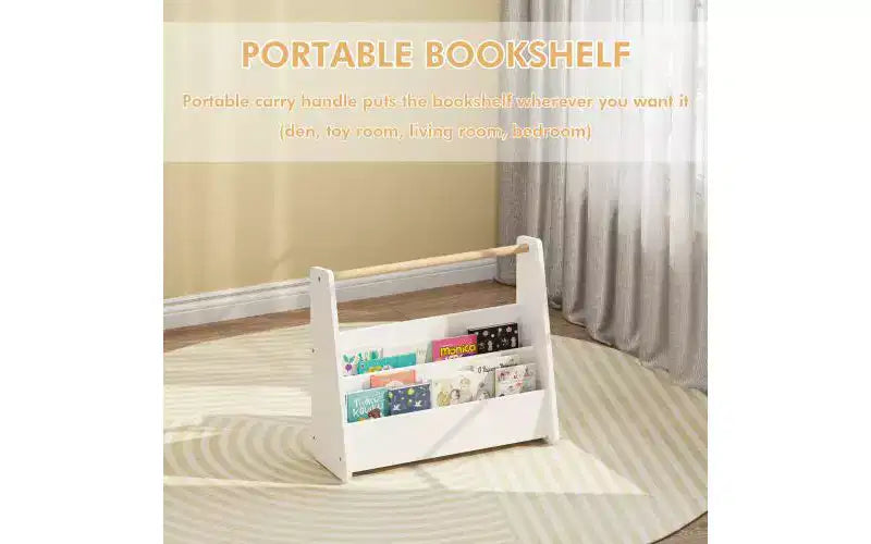 Étagère à livres frontale pour enfants avec poignée en bois, bibliothèque portable à 2 niveaux pour tout-petits, organisateur de rangement de livres pour chambre ou salle de jeux.