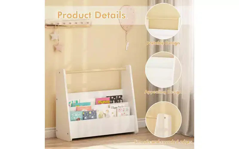 Étagère à livres frontale pour enfants avec poignée en bois, bibliothèque portable à 2 niveaux pour tout-petits, organisateur de rangement de livres pour chambre ou salle de jeux.