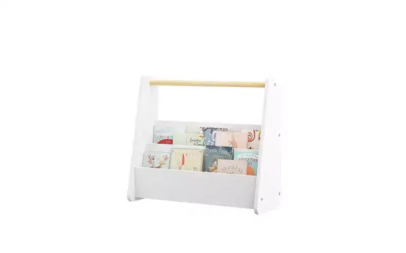 Étagère à livres frontale pour enfants avec poignée en bois, bibliothèque portable à 2 niveaux pour tout-petits, organisateur de rangement de livres pour chambre ou salle de jeux.