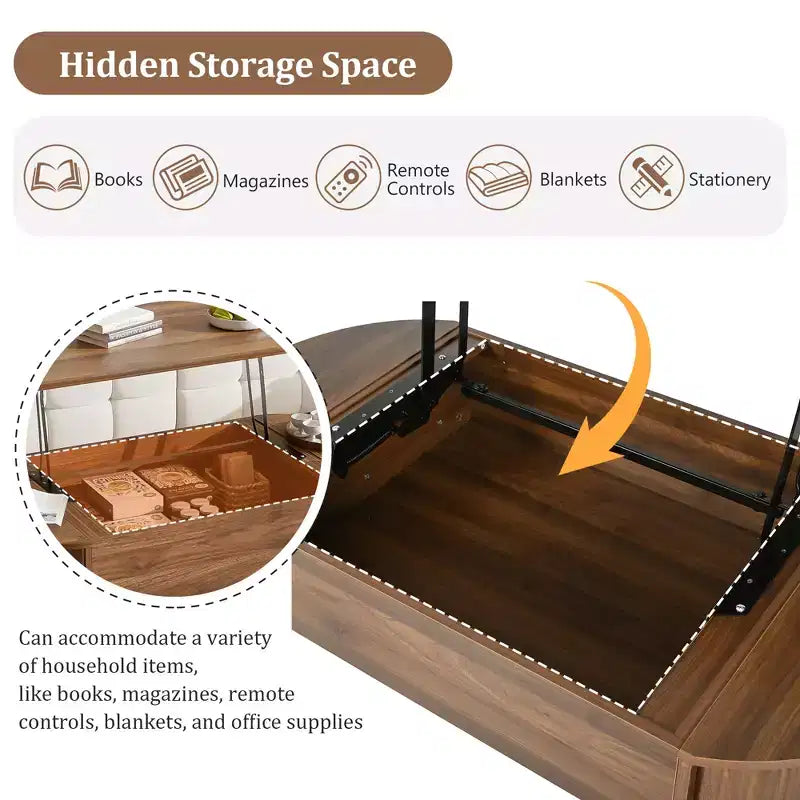 JVNOXK 47.2''Lift Top Coffee Table with Hidden Compartment, Partially Assembled Wooden Center Table, Oval Lift Tabletop for Home Living Room,Brown