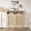 36.2 Modern Rattan Sideboard Cabinet. Dual Rattan Doors & Open Compartments. Wood Legs for Living Room & Kitchen Storage