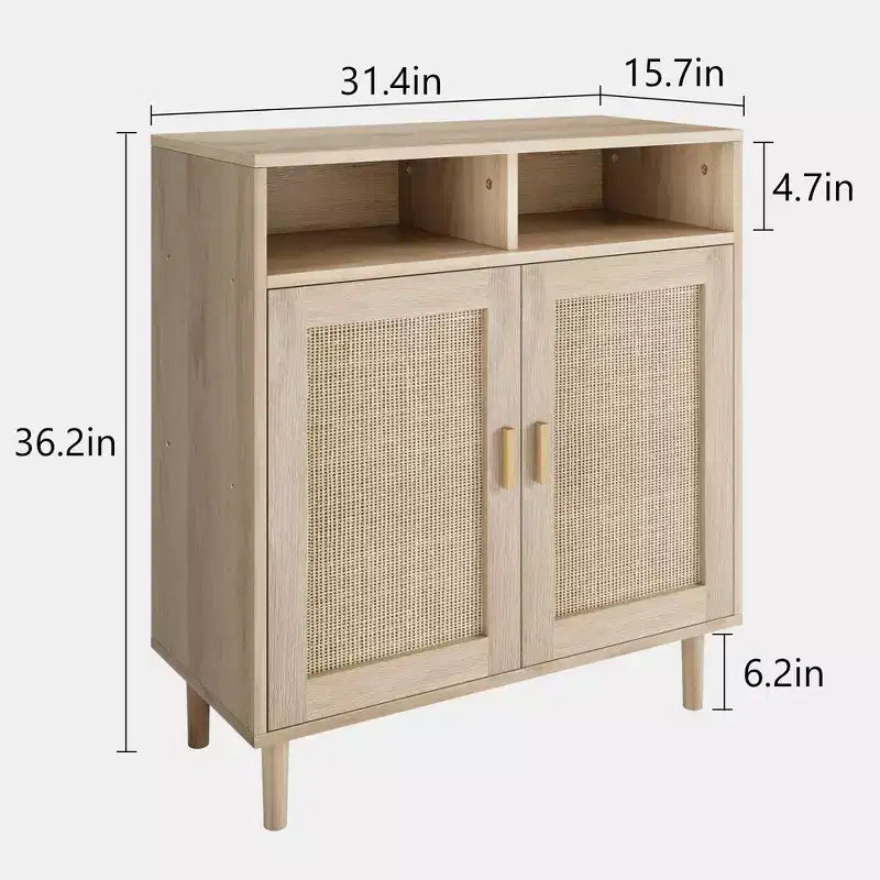 36.2 Buffet moderne en rotin. Deux portes en rotin et compartiments ouverts. Pieds en bois pour le rangement du salon et de la cuisine.