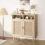 36.2 Buffet moderne en rotin. Deux portes en rotin et compartiments ouverts. Pieds en bois pour le rangement du salon et de la cuisine.