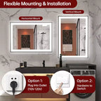SUMERAIN LED Bathroom Vanity Mirror 20x28 Anti-Fog, Dimmable, 3 Color, Tempered Glass, Black Frame