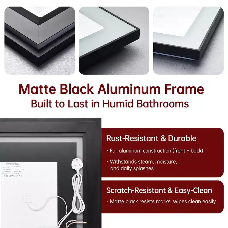 SUMERAIN LED Bathroom Vanity Mirror 20x28 Anti-Fog, Dimmable, 3 Color, Tempered Glass, Black Frame