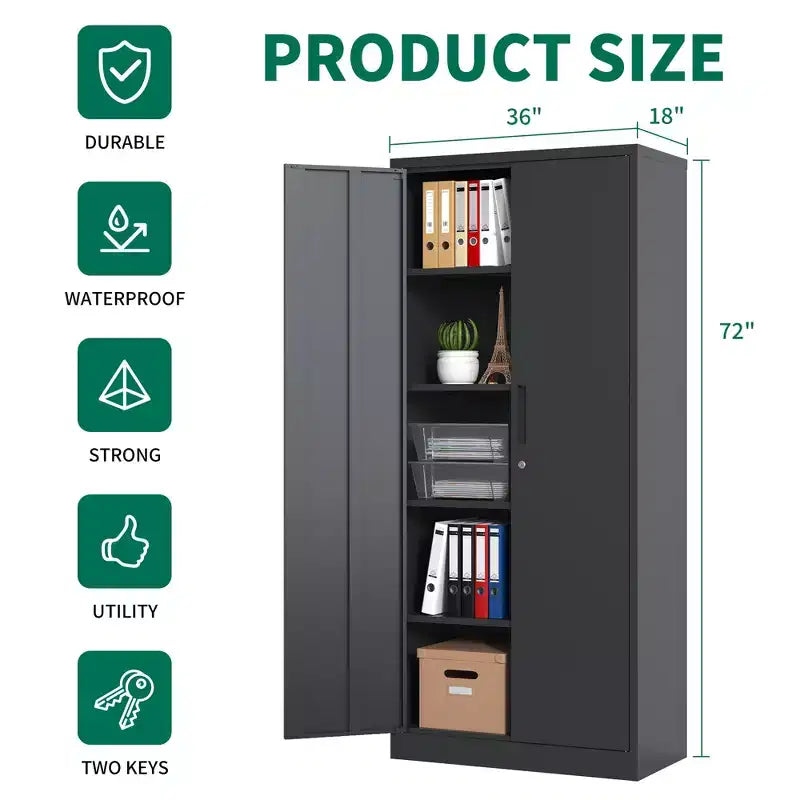 VIYET 72H Metal Garage Storage Cabinet, Black Lockable Steel Cabinet with 4 Adjustable Shelves & Doors for Home Office Pantry Classroom