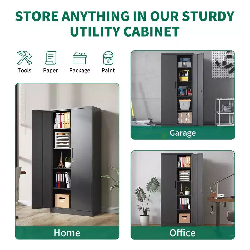 VIYET 72H Metal Garage Storage Cabinet, Black Lockable Steel Cabinet with 4 Adjustable Shelves & Doors for Home Office Pantry Classroom