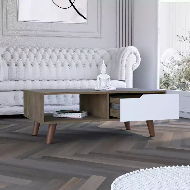 Dark Brown White Bull Coffee Table 2.0, One Drawer Four Stylish Legs Open Shelf High Quality Living Room Table
