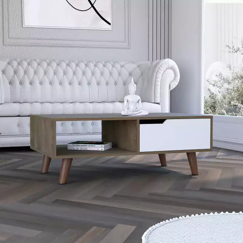 Dark Brown White Bull Coffee Table 2.0, One Drawer Four Stylish Legs Open Shelf High Quality Living Room Table