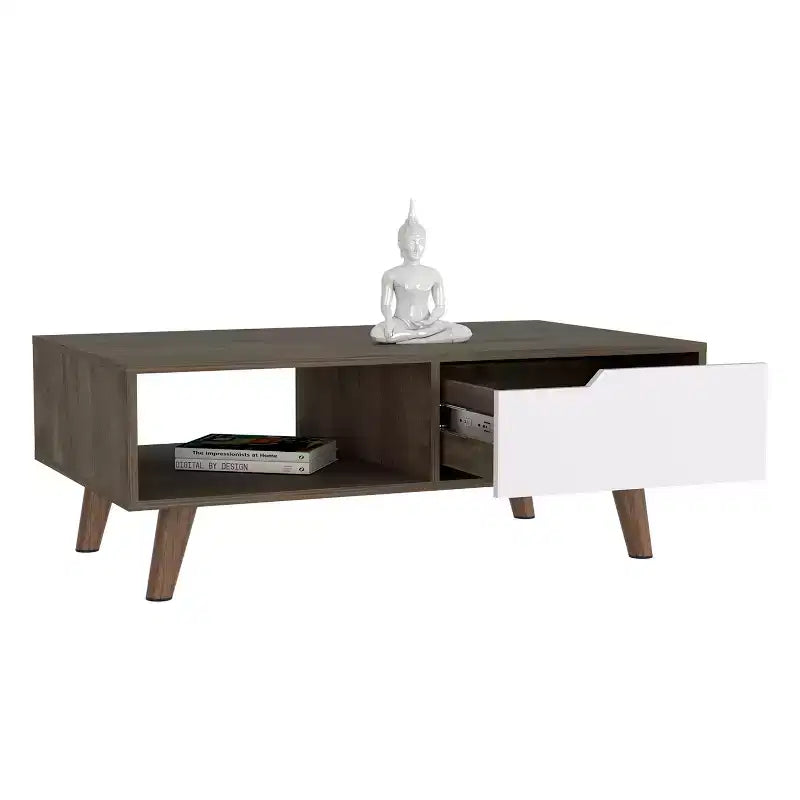 Dark Brown White Bull Coffee Table 2.0, One Drawer Four Stylish Legs Open Shelf High Quality Living Room Table