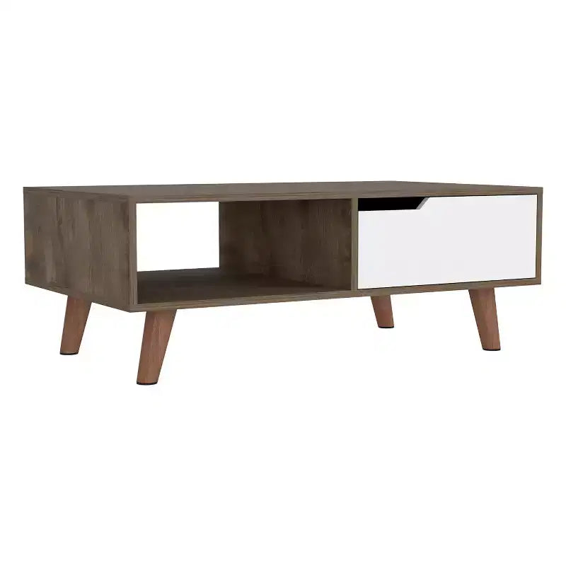 Dark Brown White Bull Coffee Table 2.0, One Drawer Four Stylish Legs Open Shelf High Quality Living Room Table