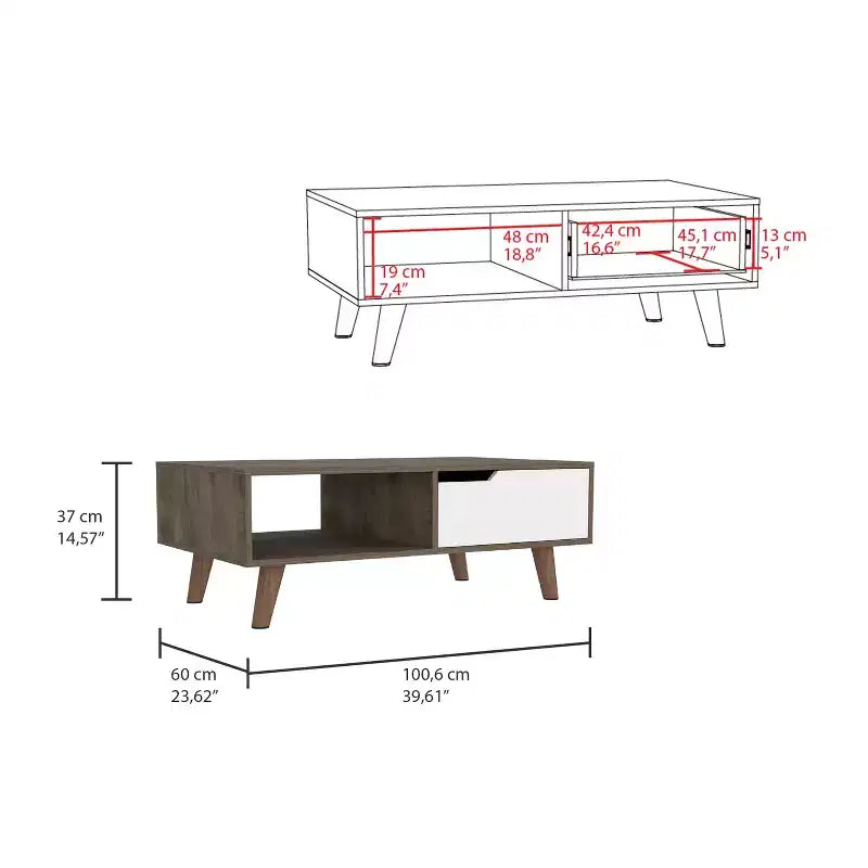 Dark Brown White Bull Coffee Table 2.0, One Drawer Four Stylish Legs Open Shelf High Quality Living Room Table