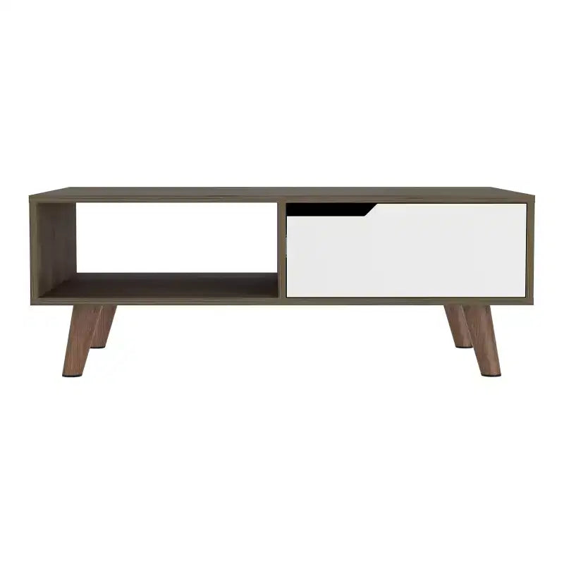 Dark Brown White Bull Coffee Table 2.0, One Drawer Four Stylish Legs Open Shelf High Quality Living Room Table