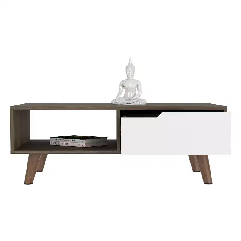 Dark Brown White Bull Coffee Table 2.0, One Drawer Four Stylish Legs Open Shelf High Quality Living Room Table