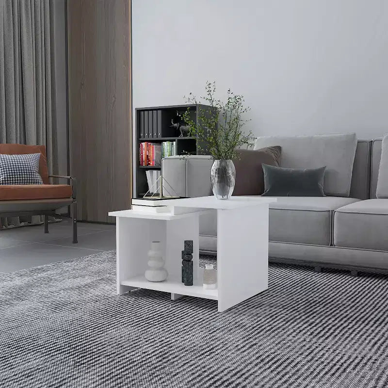 White Modern Coffee Table with Open Storage, Three-Shelf Rectangular Sleek Organizer Display Table for Living Room