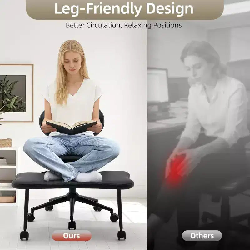 Chaise de bureau ergonomique COZONY pour jambes croisées – Chaise de méditation pivotante à 360° avec roulettes, hauteur réglable pour la méditation, le TDAH et le yoga, cuir PU, noir