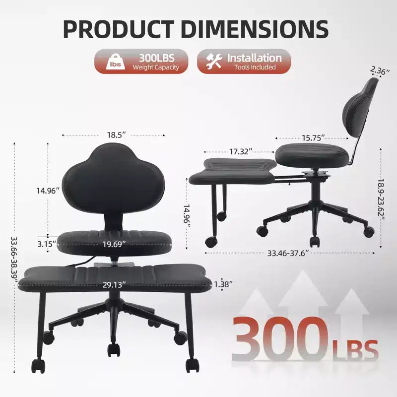 Chaise de bureau ergonomique COZONY pour jambes croisées – Chaise de méditation pivotante à 360° avec roulettes, hauteur réglable pour la méditation, le TDAH et le yoga, cuir PU, noir
