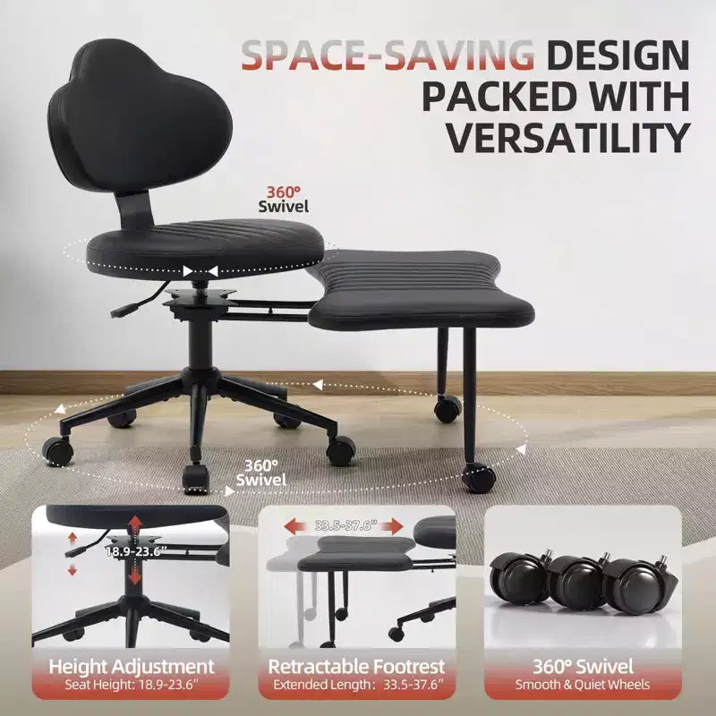 Chaise de bureau ergonomique COZONY pour jambes croisées – Chaise de méditation pivotante à 360° avec roulettes, hauteur réglable pour la méditation, le TDAH et le yoga, cuir PU, noir