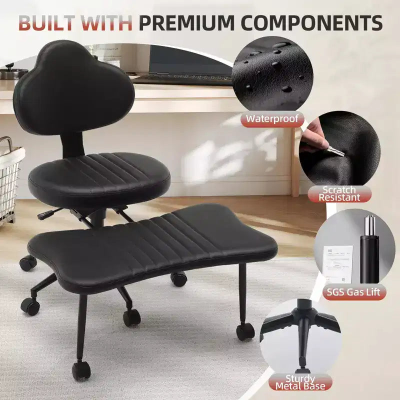 Chaise de bureau ergonomique COZONY pour jambes croisées – Chaise de méditation pivotante à 360° avec roulettes, hauteur réglable pour la méditation, le TDAH et le yoga, cuir PU, noir
