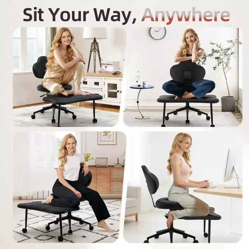 Chaise de bureau ergonomique COZONY pour jambes croisées – Chaise de méditation pivotante à 360° avec roulettes, hauteur réglable pour la méditation, le TDAH et le yoga, cuir PU, noir