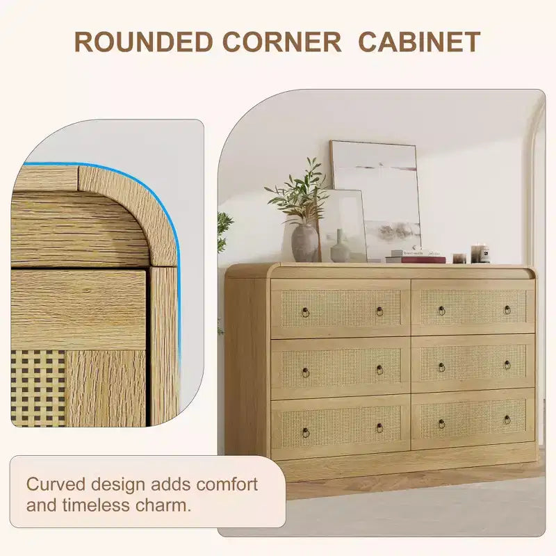 Woven-Style 6-Drawer Dresser for Bedroom, Wide Storage Chest with Textured Fronts