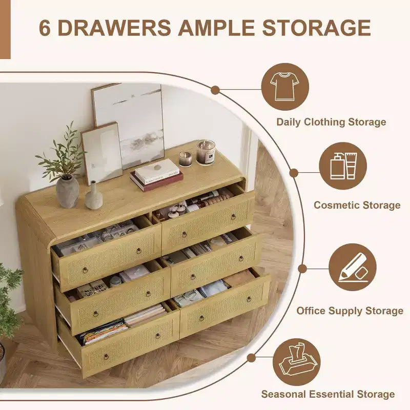 Woven-Style 6-Drawer Dresser for Bedroom, Wide Storage Chest with Textured Fronts