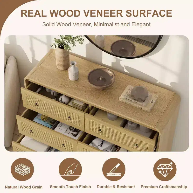 Woven-Style 6-Drawer Dresser for Bedroom, Wide Storage Chest with Textured Fronts