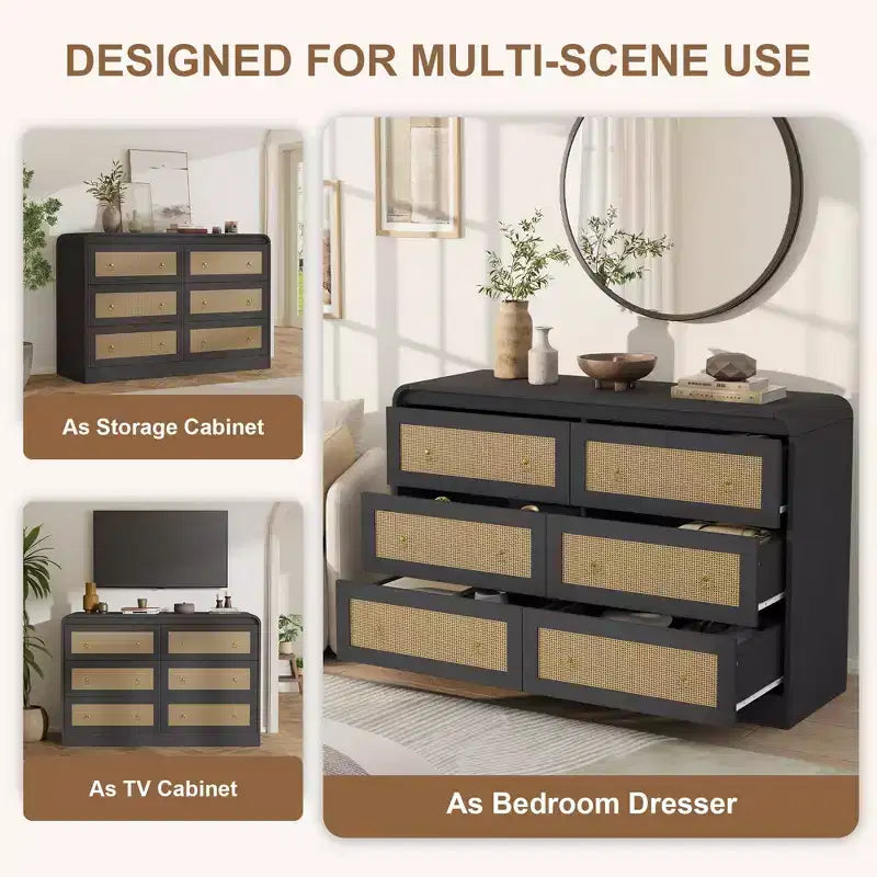 Commode 6 tiroirs style tissé pour chambre à coucher, grand meuble de rangement avec façades texturées