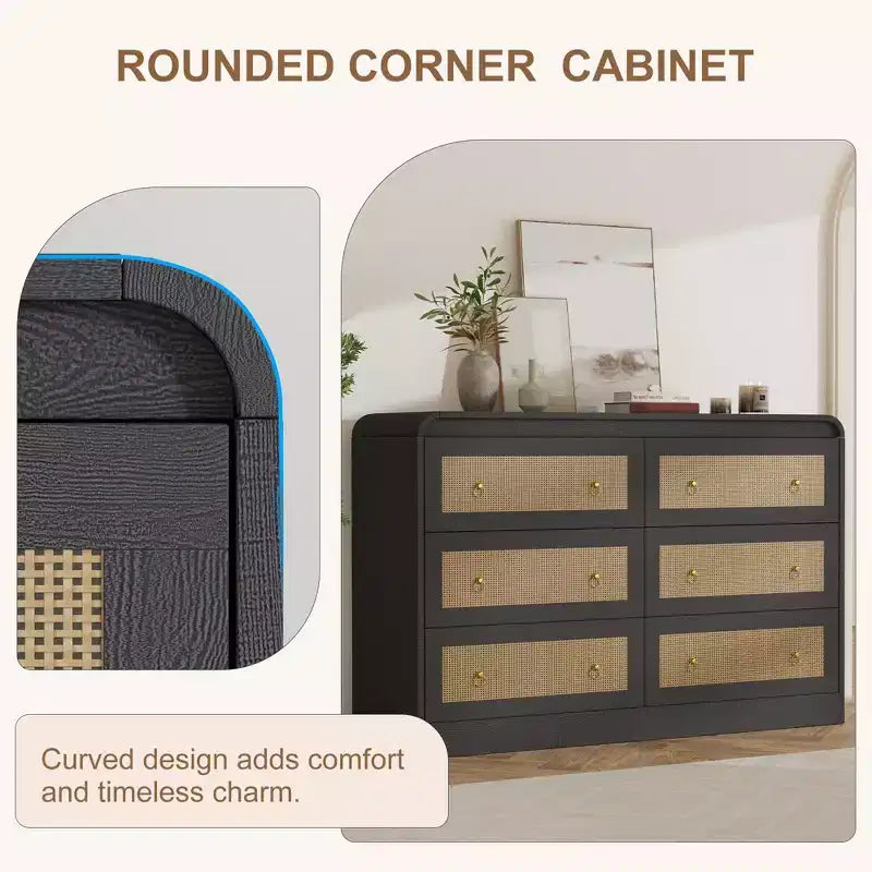 Commode 6 tiroirs style tissé pour chambre à coucher, grand meuble de rangement avec façades texturées