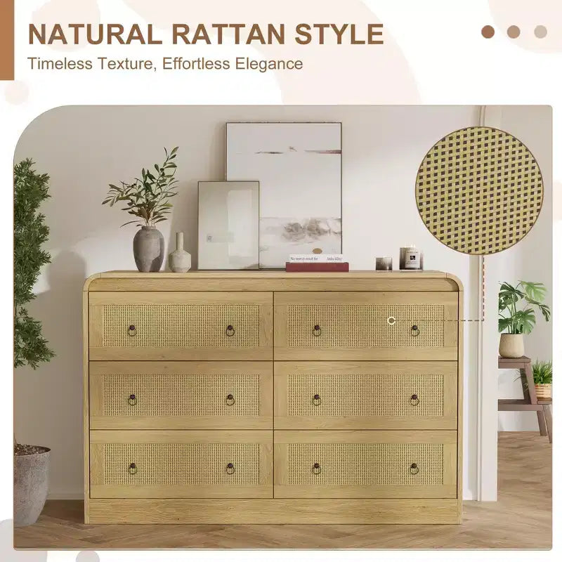 Commode 6 tiroirs style tissé pour chambre à coucher, grand meuble de rangement avec façades texturées