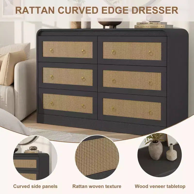 Woven-Style 6-Drawer Dresser for Bedroom, Wide Storage Chest with Textured Fronts